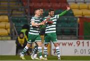 9 May 2022; Graham Burke, centre, of Shamrock Rovers celebrates with teammate Andy Lyons, left, and Dylan Watts after scoring his side's first goal during the SSE Airtricity League Premier Division match between Shamrock Rovers and Sligo Rovers at Tallaght Stadium in Dublin. Photo by Harry Murphy/Sportsfile