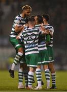 9 May 2022; Graham Burke of Shamrock Rovers celebrates with teammates after scoring his and his side's third goal during the SSE Airtricity League Premier Division match between Shamrock Rovers and Sligo Rovers at Tallaght Stadium in Dublin. Photo by Harry Murphy/Sportsfile