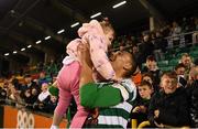 9 May 2022; Graham Burke of Shamrock Rovers with his daughter Posie, aged two, after scoring a hat trick in the SSE Airtricity League Premier Division match between Shamrock Rovers and Sligo Rovers at Tallaght Stadium in Dublin. Photo by Harry Murphy/Sportsfile