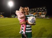9 May 2022; Graham Burke of Shamrock Rovers with his daughter Posie, aged two, after scoring a hat trick in the SSE Airtricity League Premier Division match between Shamrock Rovers and Sligo Rovers at Tallaght Stadium in Dublin. Photo by Harry Murphy/Sportsfile