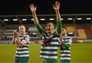 9 May 2022; Graham Burke of Shamrock Rovers, centre, celebrates after scoring a hat trick in the SSE Airtricity League Premier Division match between Shamrock Rovers and Sligo Rovers at Tallaght Stadium in Dublin. Photo by Harry Murphy/Sportsfile