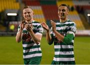 9 May 2022; Graham Burke, right, and Sean Hoare of Shamrock Rovers after their side's victory in the SSE Airtricity League Premier Division match between Shamrock Rovers and Sligo Rovers at Tallaght Stadium in Dublin. Photo by Harry Murphy/Sportsfile