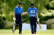 10 May 2022; Leinster Lightning players Harry Tector, left, and Andrew Balbirnie bump fists  during the Cricket Ireland Inter-Provincial Cup match between Leinster Lightning and Munster Reds at Pembroke Cricket Club in Dublin. Photo by Sam Barnes/Sportsfile