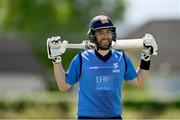 10 May 2022; Andrew Balbirnie of Leinster Lightning leaves the field dejected after being caught by Curtis Campher of Munster Reds during the Cricket Ireland Inter-Provincial Cup match between Leinster Lightning and Munster Reds at Pembroke Cricket Club in Dublin. Photo by Sam Barnes/Sportsfile