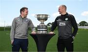 10 May 2022; Villa FC manager Conor Coad and Pike Rovers manager Robbie Williams with the cup during a FAI Junior Cup Final press day at FAI Headquarters in Abbotstown, Dublin. Photo by Harry Murphy/Sportsfile