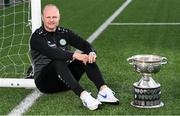 10 May 2022; Pike Rovers manager Robbie Williams with the cup during a FAI Junior Cup Final press day at FAI Headquarters in Abbotstown, Dublin. Photo by Harry Murphy/Sportsfile