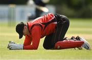 10 May 2022; Munster Reds wicket keeper PJ Moor reacts after a dropped catch during the Cricket Ireland Inter-Provincial Cup match between Leinster Lightning and Munster Reds at Pembroke Cricket Club in Dublin. Photo by Sam Barnes/Sportsfile