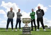 10 May 2022; Villa FC manager Conor Coad and player Nathan O'Callaghan with Pike Rovers player Nathan O'Callaghan and manager Robbie Williams and the FAI Junior cup during a FAI Junior Cup Final press day at FAI Headquarters in Abbotstown, Dublin. Photo by Harry Murphy/Sportsfile