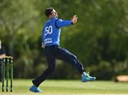 10 May 2022; Leinster Lightning captain George Dockrell bowls during the Cricket Ireland Inter-Provincial Cup match between Leinster Lightning and Munster Reds at Pembroke Cricket Club in Dublin. Photo by Sam Barnes/Sportsfile