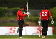10 May 2022;  PJ Moor of Munster Reds salutes the crowd after bringing up 150 runs during the Cricket Ireland Inter-Provincial Cup match between Leinster Lightning and Munster Reds at Pembroke Cricket Club in Dublin. Photo by Sam Barnes/Sportsfile
