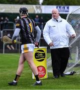 9 May 2022; Umpire Padraig McGovern with Kilkenny goalkeeper Aidan Tallis at the Smart Sliotar container before the start of the second half of the oneills.com Leinster GAA Hurling U20 Championship Final match between Wexford and Kilkenny at Netwatch Cullen Park in Carlow. Photo by Piaras Ó Mídheach/Sportsfile