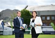 11 May 2022; League of Ireland Director Mark Scanlon and Lead Marketing Manager of SSE Airtricity Áine Plunkett pictured at the launch of the Football Association of Ireland (FAI) and SSE Airtricity’s sustainability drive for Irish football with Mark Scanlon of the FAI and Áine Plunkett of SSE Airtricity. The sustainability drive is aimed at improving the environmental footprint of Irish football across the country. The #DifferentLeague initiative will see every club across the leagues given access to internationally recognised sustainability accreditation experts GreenCode. Photo by David Fitzgerald/Sportsfile *** NO REPRODUCTION FEE