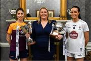 11 May 2022;  Roisin Murphy of Wexford, left, and Grace Clifford of Kildare with Leinster LGFA President Trina Murray at the Leinster LGFA Captain's Evening at the Johnstown Estate in Enfield before they meet in the 2022 TG4 Leinster LGFA Intermediate Football Championship Final next Sunday. Photo by Brendan Moran/Sportsfile