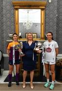 11 May 2022; Roisin Murphy of Wexford, left, and Grace Clifford of Kildare with Leinster LGFA President Trina Murray at the Leinster LGFA Captain's Evening at the Johnstown Estate in Enfield before they meet in the 2022 TG4 Leinster LGFA Intermediate Football Championship Final next Sunday. Photo by Brendan Moran/Sportsfile