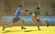 11 May 2022; Cillian Lowry of Offaly in action against Luke O’Boyle of Dublin during the Electric Ireland Leinster GAA Minor Football Championship Semi-Final match between Dublin and Offaly at Parnell Park in Dublin. Photo by Seb Daly/Sportsfile