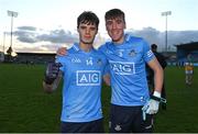 11 May 2022; Ciarán Donovan, left, and Daniel McCarthy of Dublin after their side's victory in the Electric Ireland Leinster GAA Minor Football Championship Semi-Final match between Dublin and Offaly at Parnell Park in Dublin. Photo by Seb Daly/Sportsfile