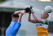 11 May 2022; Tim Deering of Dublin in action against Robert Carney of Offaly during the Electric Ireland Leinster GAA Minor Football Championship Semi-Final match between Dublin and Offaly at Parnell Park in Dublin. Photo by Seb Daly/Sportsfile