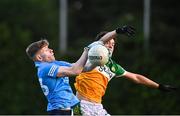 11 May 2022; Shane Mullarkey of Dublin in action against Christian McKeon of Offaly during the Electric Ireland Leinster GAA Minor Football Championship Semi-Final match between Dublin and Offaly at Parnell Park in Dublin. Photo by Seb Daly/Sportsfile