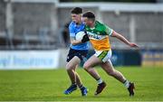 11 May 2022; Luke O’Boyle of Dublin in action against Diarmuid O’Neill of Offaly during the Electric Ireland Leinster GAA Minor Football Championship Semi-Final match between Dublin and Offaly at Parnell Park in Dublin. Photo by Seb Daly/Sportsfile
