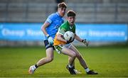 11 May 2022; Steven Doran of Offaly in action against Daniel McCarthy of Dublin during the Electric Ireland Leinster GAA Minor Football Championship Semi-Final match between Dublin and Offaly at Parnell Park in Dublin. Photo by Seb Daly/Sportsfile