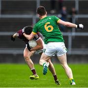 8 May 2022; Finnian Ó Laoí of Galway is tackled by Shane Quinn of Leitrim during the Connacht GAA Football Senior Championship Semi-Final match between Galway and Leitrim at Pearse Stadium in Galway. Photo by Brendan Moran/Sportsfile