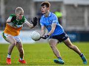 11 May 2022; Ciarán Donovan of Dublin in action against Cathal Guinan of Offaly during the Electric Ireland Leinster GAA Minor Football Championship Semi-Final match between Dublin and Offaly at Parnell Park in Dublin. Photo by Seb Daly/Sportsfile