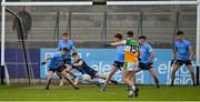 11 May 2022; Dublin goalkeeper David Leonard and defenders fail to prevent a goal by Niall Furlong of Offaly during the Electric Ireland Leinster GAA Minor Football Championship Semi-Final match between Dublin and Offaly at Parnell Park in Dublin. Photo by Seb Daly/Sportsfile