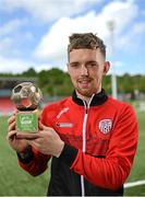 12 May 2022; Jamie McGonigle of Derry City receives the SSE Airtricity / SWI Player of the Month for April 2022 at The Ryan McBride Brandywell Stadium in Derry. Photo by Ramsey Cardy/Sportsfile