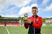 12 May 2022; Jamie McGonigle of Derry City receives the SSE Airtricity / SWI Player of the Month for April 2022 at The Ryan McBride Brandywell Stadium in Derry. Photo by Ramsey Cardy/Sportsfile