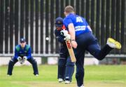 12 May 2022; Paul Stirling of Northern Knights is bowled to by Graham Hume of North West Warriors during the Cricket Ireland Inter-Provincial Cup match between North West Warriors and Northern Knights at Bready Cricket Club in Magheramason, Tyrone. Photo by Stephen McCarthy/Sportsfile