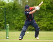 12 May 2022; Ross Adair of Northern Knights hits a run during the Cricket Ireland Inter-Provincial Cup match between North West Warriors and Northern Knights at Bready Cricket Club in Magheramason, Tyrone. Photo by Stephen McCarthy/Sportsfile