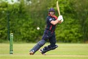 12 May 2022; Ross Adair of Northern Knights hits a run during the Cricket Ireland Inter-Provincial Cup match between North West Warriors and Northern Knights at Bready Cricket Club in Magheramason, Tyrone. Photo by Stephen McCarthy/Sportsfile
