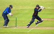 12 May 2022; Morgan Topping of Northern Knights and North West Warriors wicketkeeper Stephen Doheny during the Cricket Ireland Inter-Provincial Cup match between North West Warriors and Northern Knights at Bready Cricket Club in Magheramason, Tyrone. Photo by Stephen McCarthy/Sportsfile