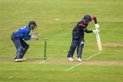 12 May 2022; Ani Chore of Northern Knights, right, and Stephen Doheny of North West Warriors during the Cricket Ireland Inter-Provincial Cup match between North West Warriors and Northern Knights at Bready Cricket Club in Magheramason, Tyrone. Photo by Stephen McCarthy/Sportsfile