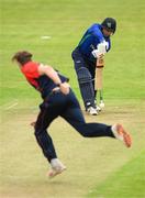 12 May 2022; William Porterfield of North West Warriors is bowled by Josh Manley of Northern Knights during the Cricket Ireland Inter-Provincial Cup match between North West Warriors and Northern Knights at Bready Cricket Club in Magheramason, Tyrone. Photo by Stephen McCarthy/Sportsfile