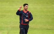 12 May 2022; Ruhan Pretorius of Northern Knights celebrates getting Stephen Doheny of North West Warriors out during the Cricket Ireland Inter-Provincial Cup match between North West Warriors and Northern Knights at Bready Cricket Club in Magheramason, Tyrone. Photo by Stephen McCarthy/Sportsfile