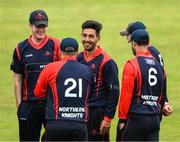 12 May 2022; Ruhan Pretorius and Northern Knights after dismissing Stephen Doheny of North West Warriors during the Cricket Ireland Inter-Provincial Cup match between North West Warriors and Northern Knights at Bready Cricket Club in Magheramason, Tyrone. Photo by Stephen McCarthy/Sportsfile