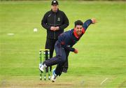 12 May 2022; Ruhan Pretorius of Northern Knights bowls during the Cricket Ireland Inter-Provincial Cup match between North West Warriors and Northern Knights at Bready Cricket Club in Magheramason, Tyrone. Photo by Stephen McCarthy/Sportsfile
