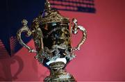 12 May 2022; A general view of the William Webb Ellis cup during a World Rugby Cup future hosts announcement media conference at the Convention Centre in Dublin. Photo by Brendan Moran/Sportsfile