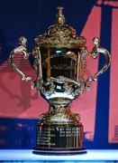 12 May 2022; A general view of the William Webb Ellis cup during a World Rugby Cup future hosts announcement media conference at the Convention Centre in Dublin. Photo by Brendan Moran/Sportsfile