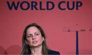 12 May 2022; Rugby Football Union chief operating officer and chief financial officer Sue Day speaking during a World Rugby Cup future hosts announcement media conference at the Convention Centre in Dublin. Photo by Brendan Moran/Sportsfile