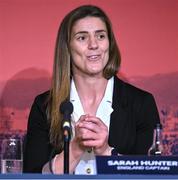 12 May 2022; England captain Sarah Hunter speaking during a World Rugby Cup future hosts announcement media conference at the Convention Centre in Dublin. Photo by Brendan Moran/Sportsfile