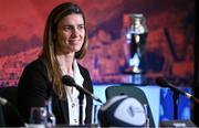 12 May 2022; England captain Sarah Hunter speaking during a World Rugby Cup future hosts announcement media conference at the Convention Centre in Dublin. Photo by Brendan Moran/Sportsfile