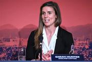 12 May 2022; England captain Sarah Hunter speaking during a World Rugby Cup future hosts announcement media conference at the Convention Centre in Dublin. Photo by Brendan Moran/Sportsfile