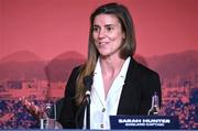 12 May 2022; England captain Sarah Hunter speaking during a World Rugby Cup future hosts announcement media conference at the Convention Centre in Dublin. Photo by Brendan Moran/Sportsfile