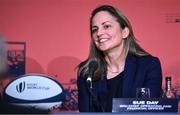 12 May 2022; Rugby Football Union chief operating officer and chief financial officer Sue Day speaking during a World Rugby Cup future hosts announcement media conference at the Convention Centre in Dublin. Photo by Brendan Moran/Sportsfile