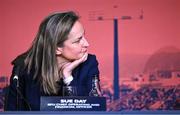 12 May 2022; Rugby Football Union chief operating officer and chief financial officer Sue Day speaking during a World Rugby Cup future hosts announcement media conference at the Convention Centre in Dublin. Photo by Brendan Moran/Sportsfile