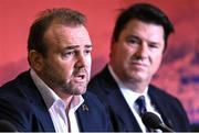 12 May 2022; Rugby Australia chief executive officer Andy Marinos, left, and Rugby Australia chairman Hamish McLennan during a World Rugby Cup future hosts announcement media conference at the Convention Centre in Dublin. Photo by Brendan Moran/Sportsfile