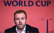 12 May 2022; Rugby Australia chief executive officer Andy Marinos speaking during a World Rugby Cup future hosts announcement media conference at the Convention Centre in Dublin. Photo by Brendan Moran/Sportsfile