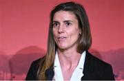 12 May 2022; England captain Sarah Hunter speaking during a World Rugby Cup future hosts announcement media conference at the Convention Centre in Dublin. Photo by Brendan Moran/Sportsfile